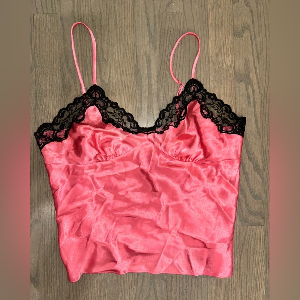 Vintage Jones New York Pink Black Lace Silky Slip Tank Womens Lingerie XL